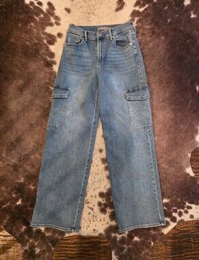 JUSTUSA Cargo Jeans 27/4 High Rise Wide Leg Medium Wash Denim